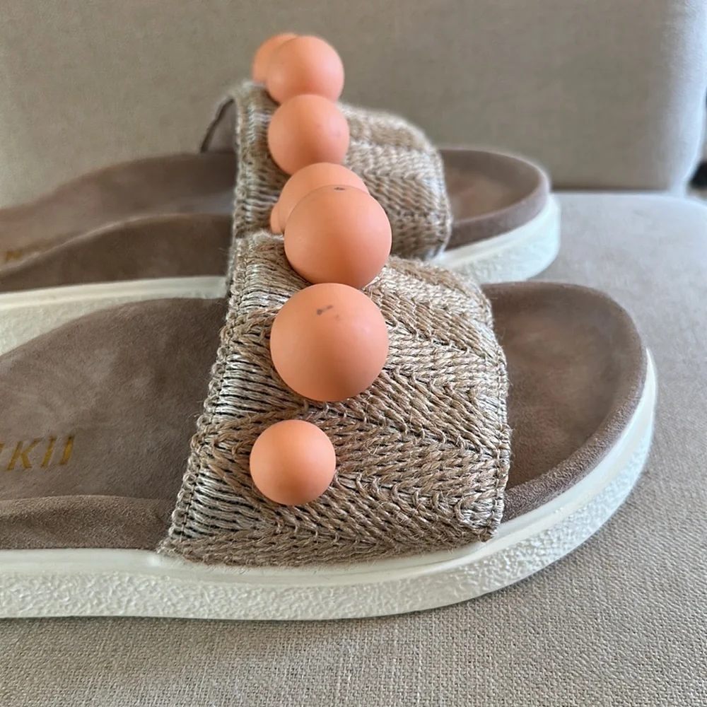 Inuikii Women’s Raffia Pearl Bauble Slides Slip On Sandals Cream Coral 6.5-7